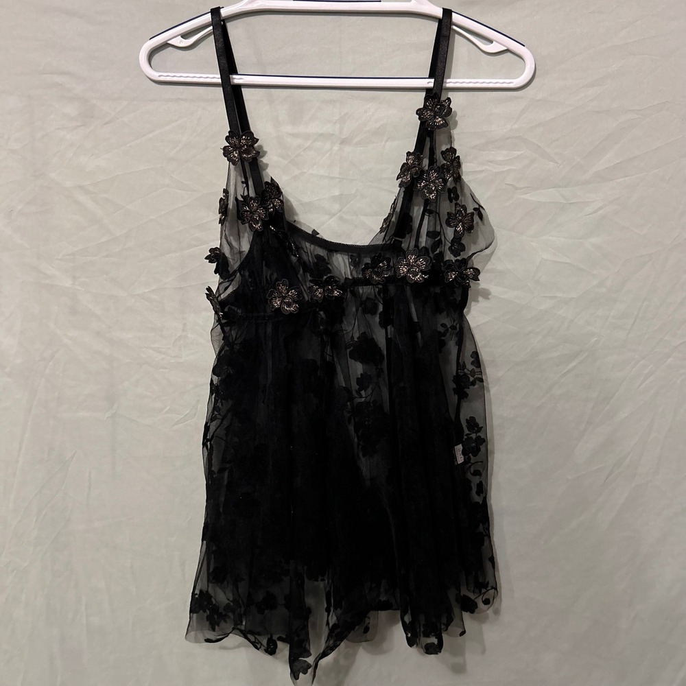 Black Floral Mesh Babydoll Lingerie Top 3D Flower Applique Sheer 2XL Womens